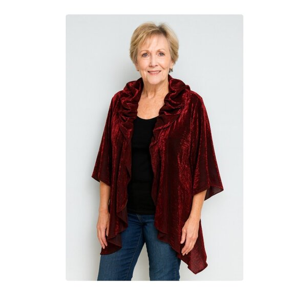 IC by Connie K Jacket Womens Medium Red Crinkle Ruffle Open Front Made USA - Picture 1 of 5